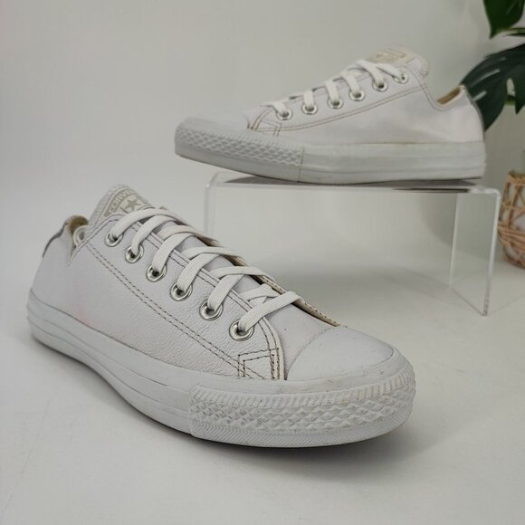 Converse Woman’s All Stars White Leather Sneakers Shoes Size 7.5 - Picture 1 of 9
